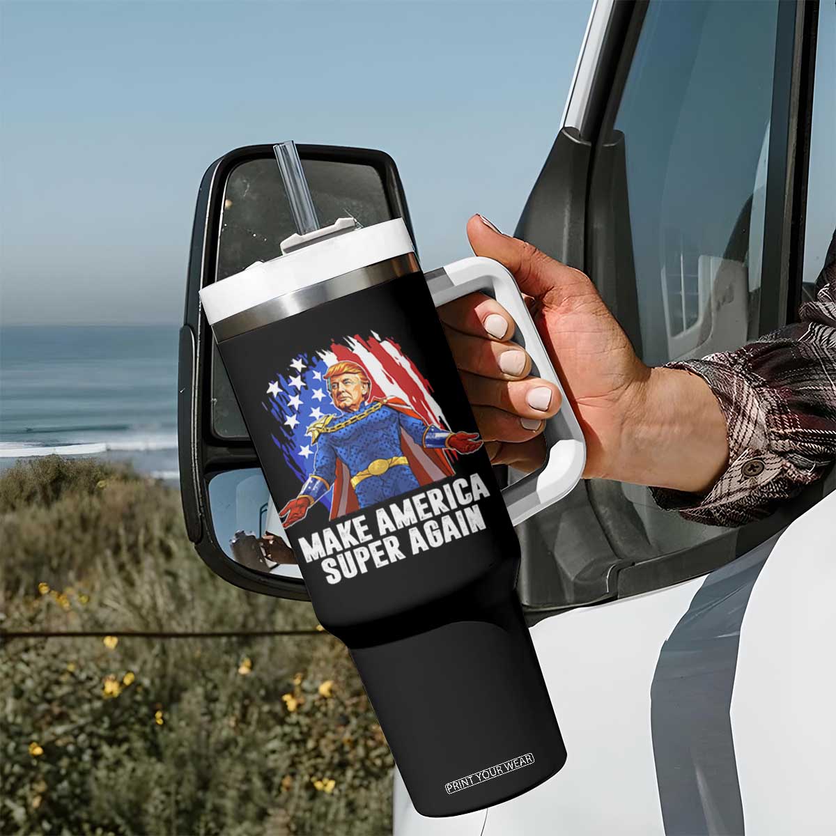 Funny Trump Tumbler With Handle Make America Super Again Superhero Donald President TS09 Print Your Wear