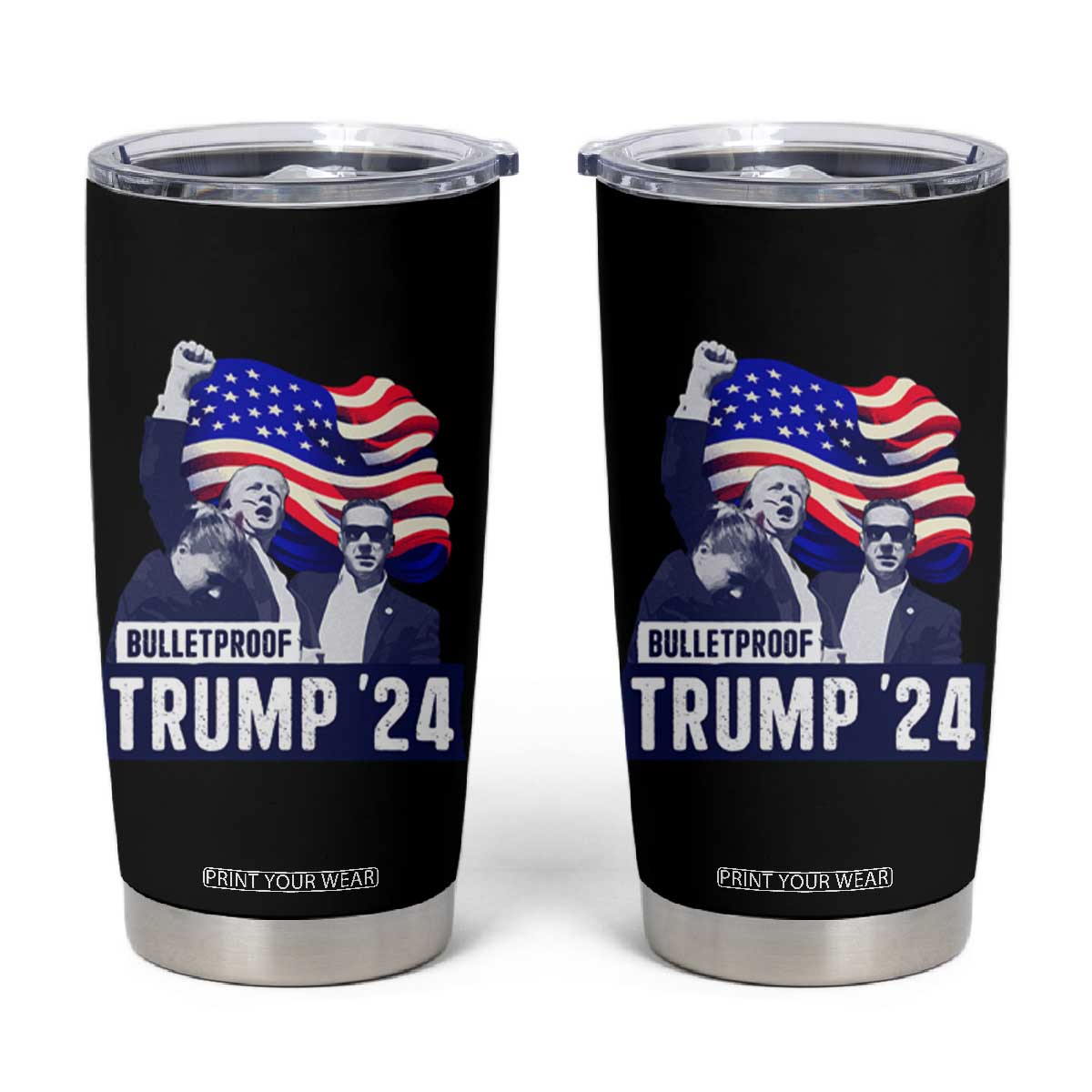Trump Raised Fist Tumbler Cup Bulletproof 2024 Stronger Trump American Flag TS09 Black Print Your Wear