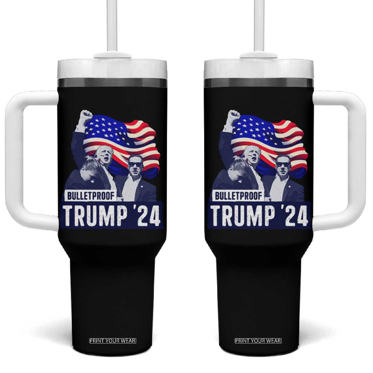 Trump Raised Fist Tumbler With Handle Bulletproof 2024 Stronger Trump American Flag TS09 One Size: 40 oz Black Print Your Wear