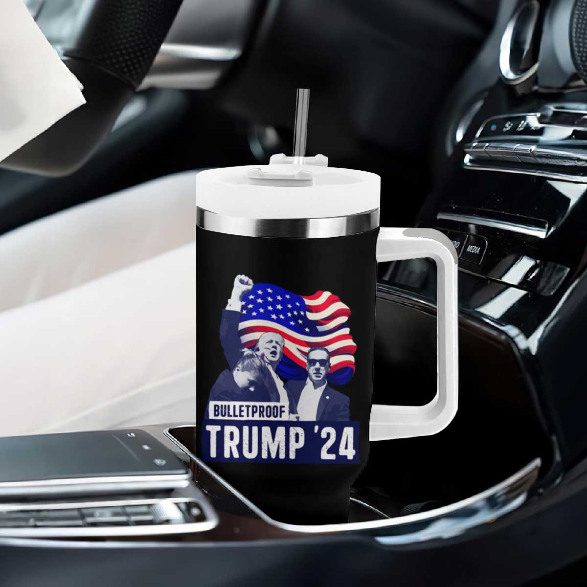 Trump Raised Fist Tumbler With Handle Bulletproof 2024 Stronger Trump American Flag TS09 Print Your Wear
