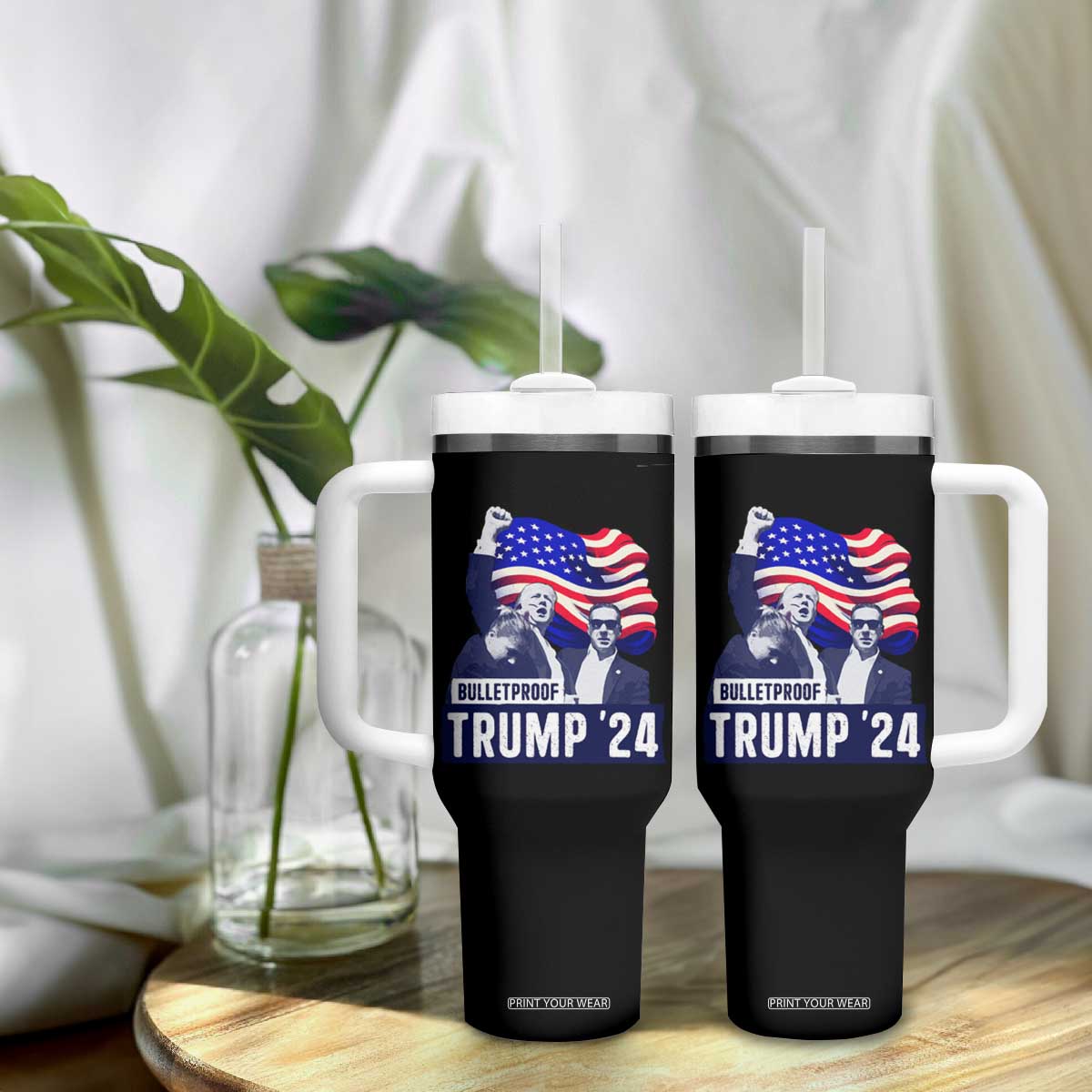 Trump Raised Fist Tumbler With Handle Bulletproof 2024 Stronger Trump American Flag TS09 Print Your Wear