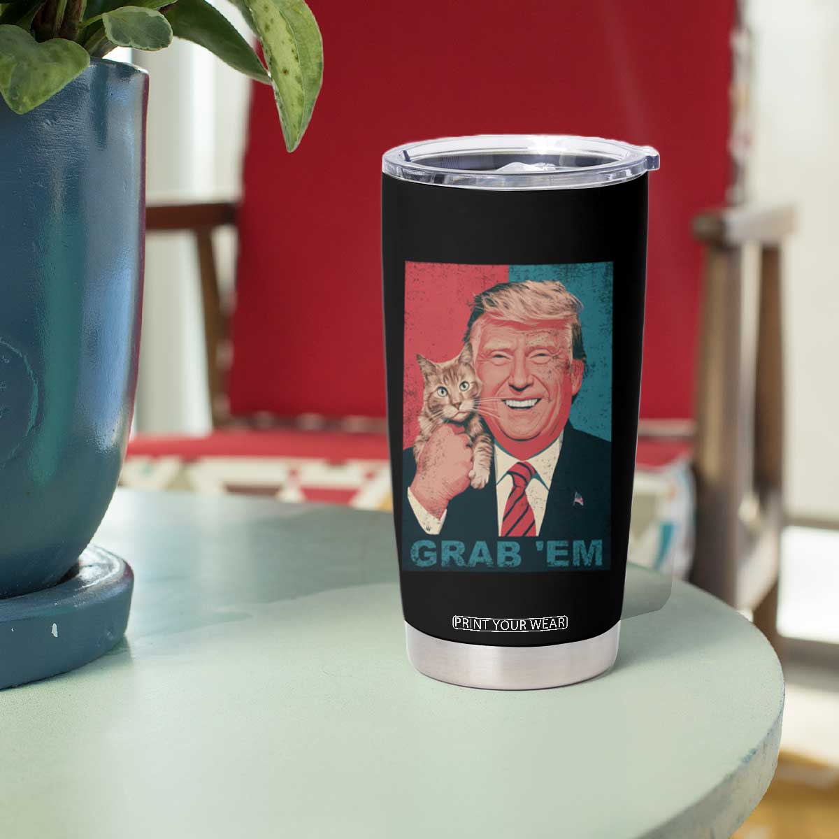 Funny Trump Tumbler Cup Grab 'Em Trump Hug Cat American Flag TS09 Print Your Wear