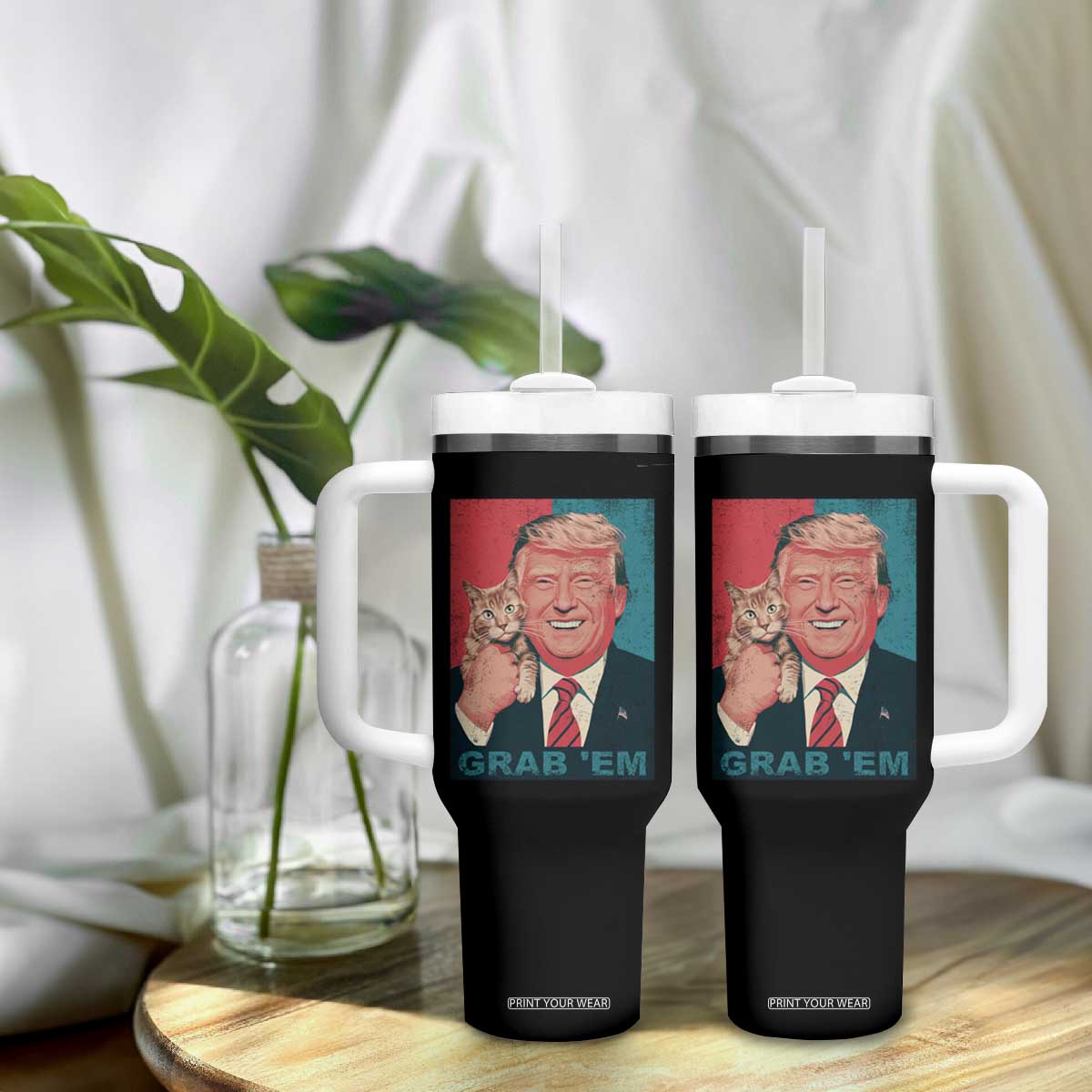 Funny Trump Tumbler With Handle Grab 'Em Trump Hug Cat American Flag TS09 Print Your Wear