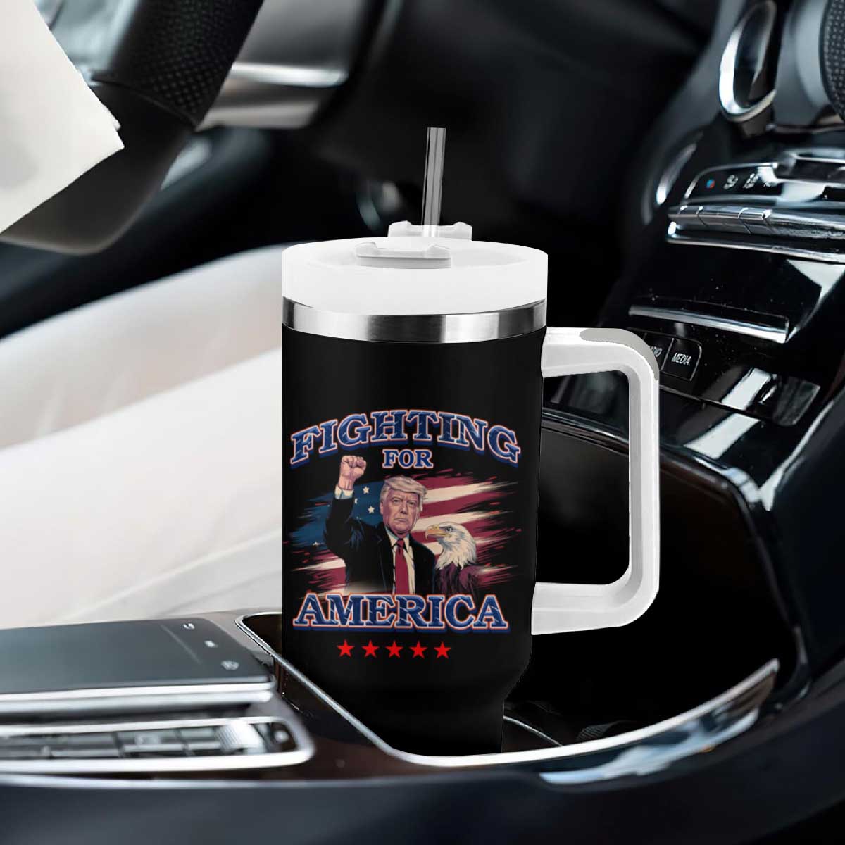 Trump Raised Fist Tumbler With Handle Fighting For America Eagle TS09 Print Your Wear