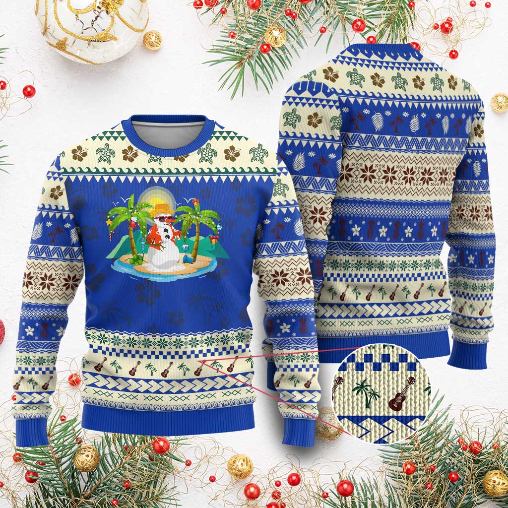 Xmas In Hawaii Ugly Christmas Sweater Hawaiian Snowman Xmas Palm Tree At The Beach TS09 Blue Print Your Wear
