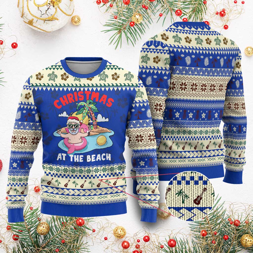Christmas At The Beach Ugly Christmas Sweater Funny Santa Claus Flamingo Float Chilling TS09 Blue Print Your Wear