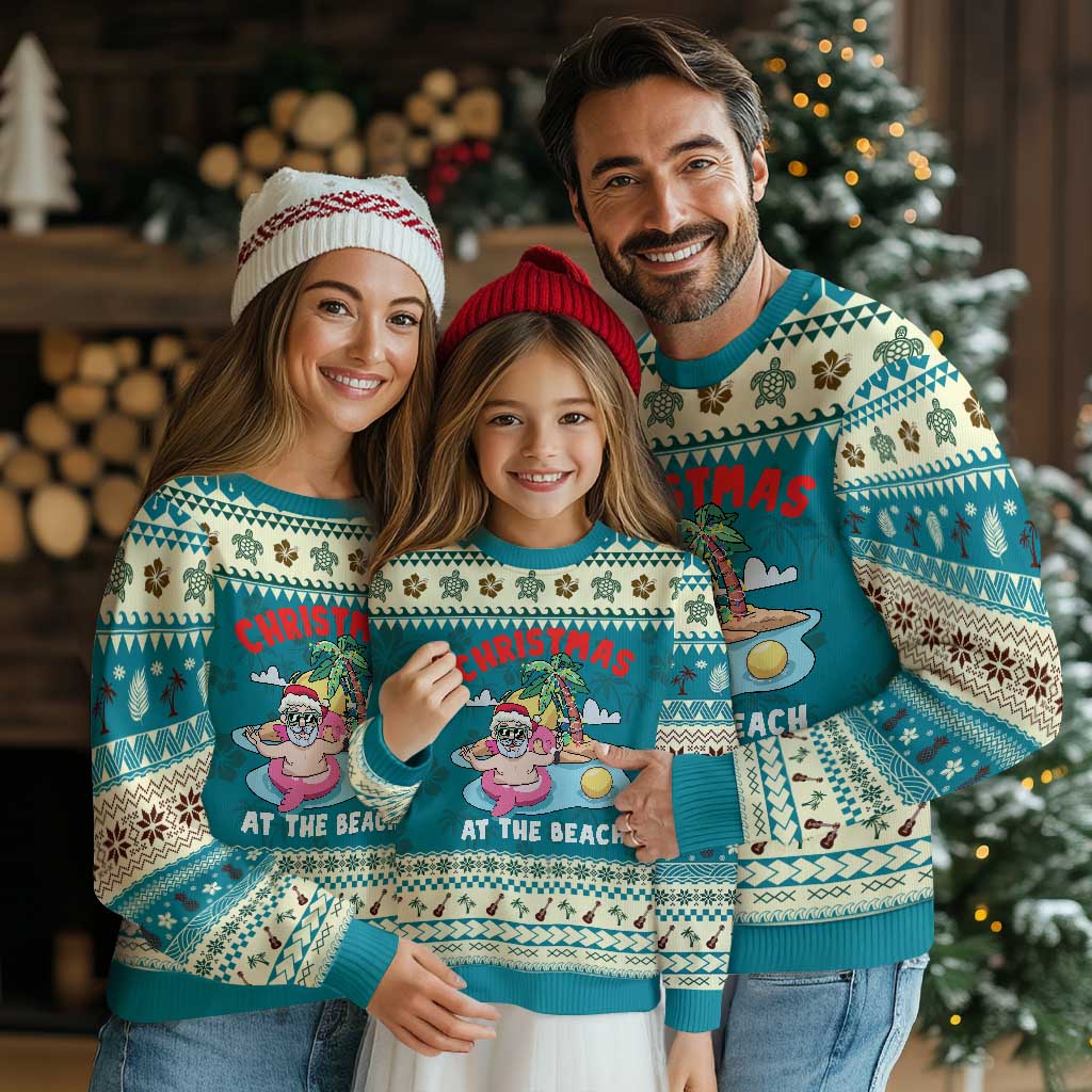 Christmas At The Beach Ugly Christmas Sweater Funny Santa Claus Flamingo Float Chilling TS09 Teal Print Your Wear