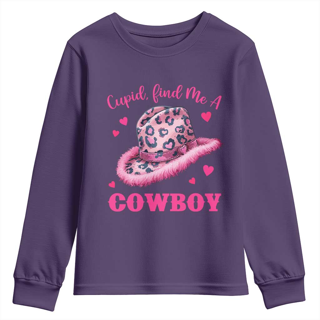 Valentine's Day Youth Sweatshirt Cupid Find Me A Cowboy Western Heart Leopard Hat TS09 Purple Print Your Wear