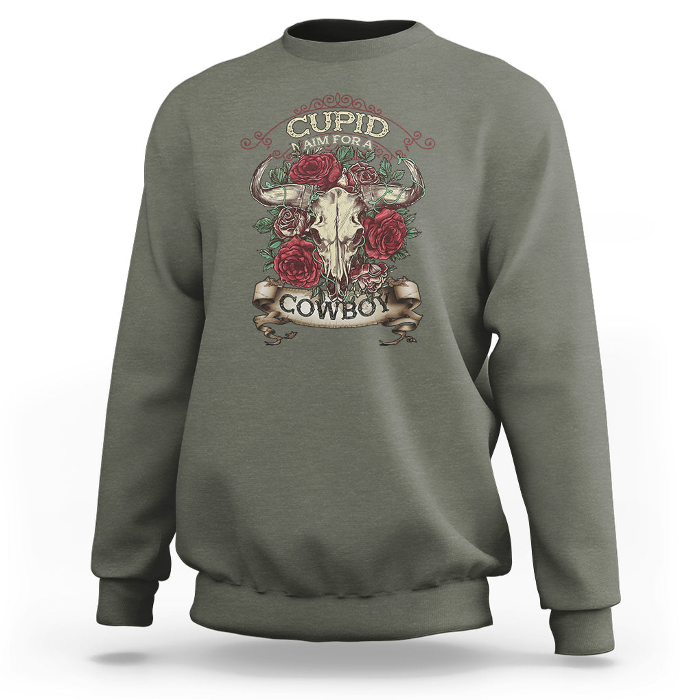 Valentine's Day Sweatshirt Cupid Aim For A Cowboy Western TS09 Military Green Printyourwear