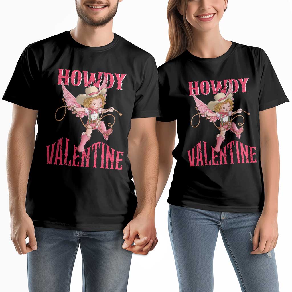 Howdy Valentine's Day Couple Matching T Shirt Cupid Retro Western Cowgirl Cowboy TS09 Black Print Your Wear