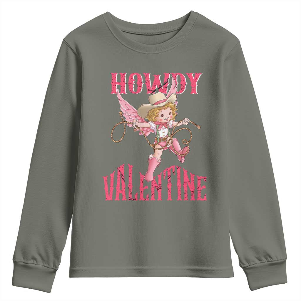 Howdy Valentine's Day Youth Sweatshirt Cupid Retro Western Cowgirl Cowboy TS09 Military Green Print Your Wear