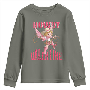 Howdy Valentine's Day Youth Sweatshirt Cupid Retro Western Cowgirl Cowboy TS09 Military Green Print Your Wear