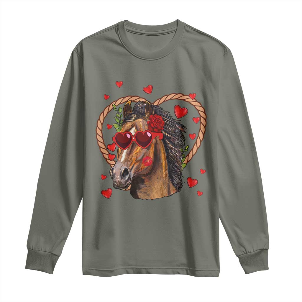 Valentine's Day Long Sleeve Shirt Funny Cute Horse Cowboy Western TS09 Military Green Print Your Wear