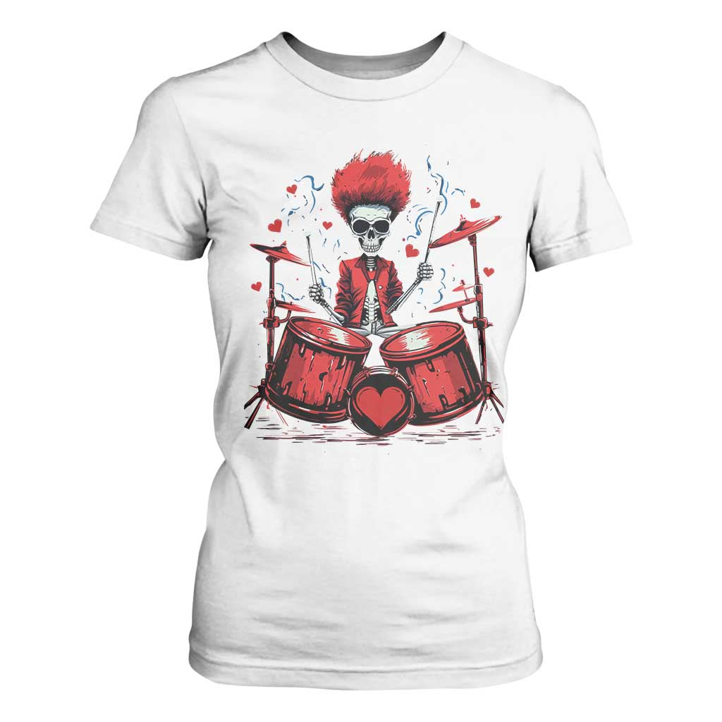 Valentine's Day T Shirt For Women Cool Skeleton Drummer Rock Lover TS09 White Print Your Wear