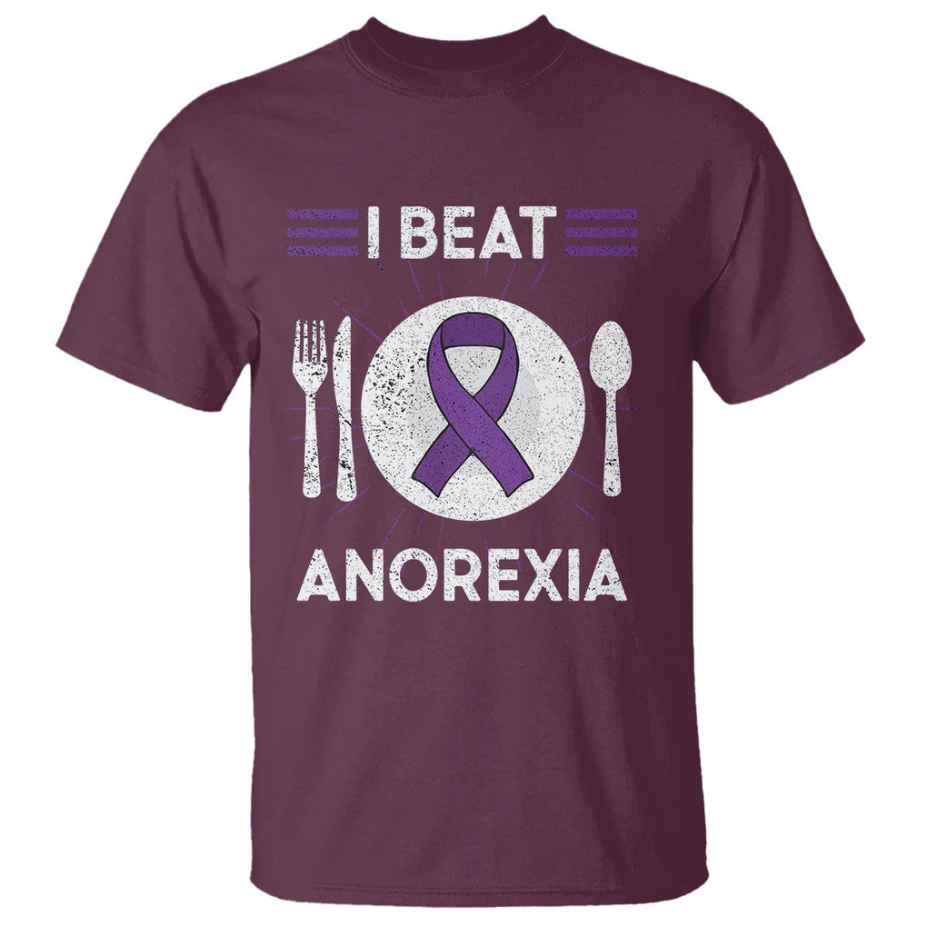 I Beat Anorexia Purple Ribbon Eating Disorder T Shirt TS09 Maroon Printyourwear
