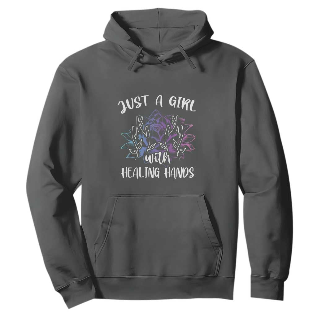 Masseuse Hoodie Just a Girl with Healing Hands Massage Therapy TS09 Dark Heather Print Your Wear
