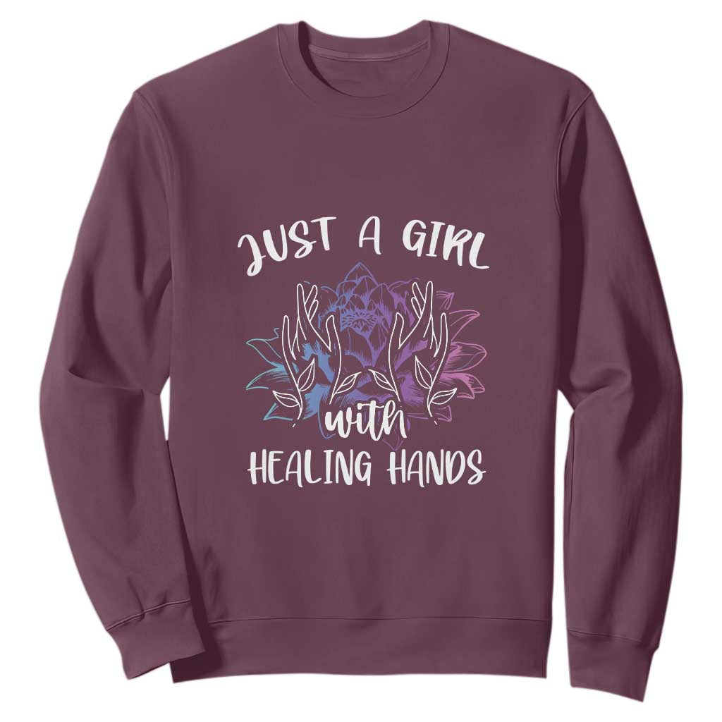 Masseuse Sweatshirt Just a Girl with Healing Hands Massage Therapy TS09 Maroon Print Your Wear