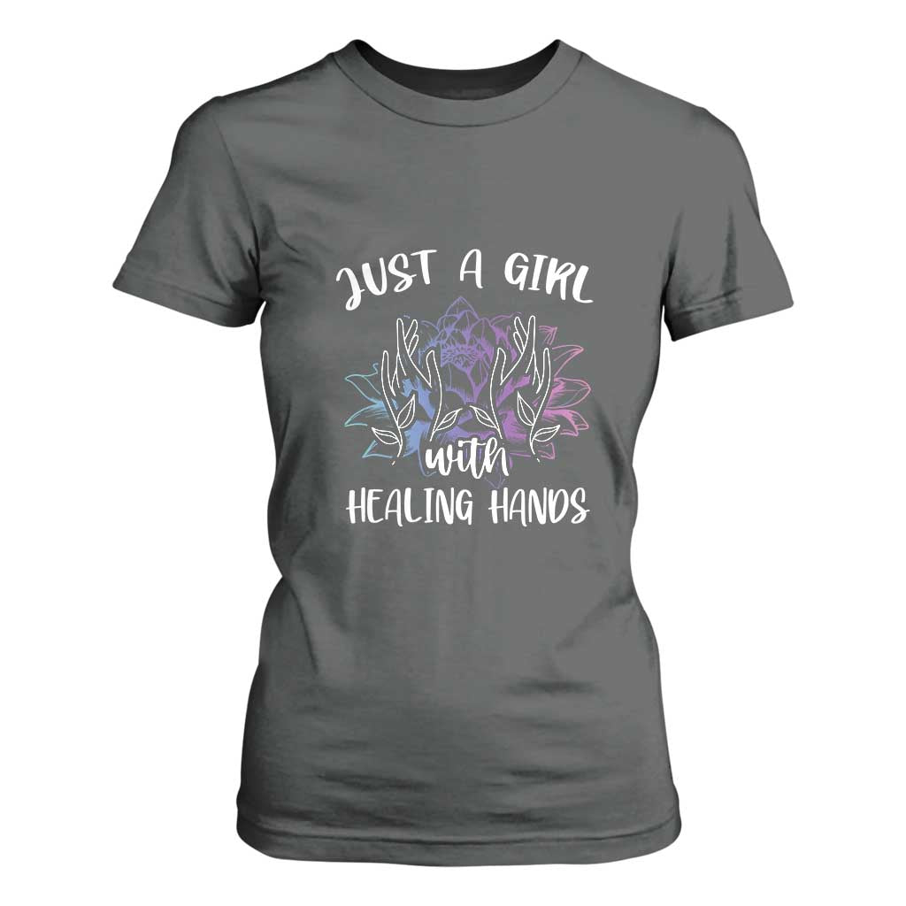 Masseuse T Shirt For Women Just a Girl with Healing Hands Massage Therapy TS09 Dark Heather Print Your Wear