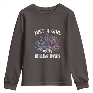 Masseuse Youth Sweatshirt Just a Girl with Healing Hands Massage Therapy TS09 Dark Chocolate Print Your Wear