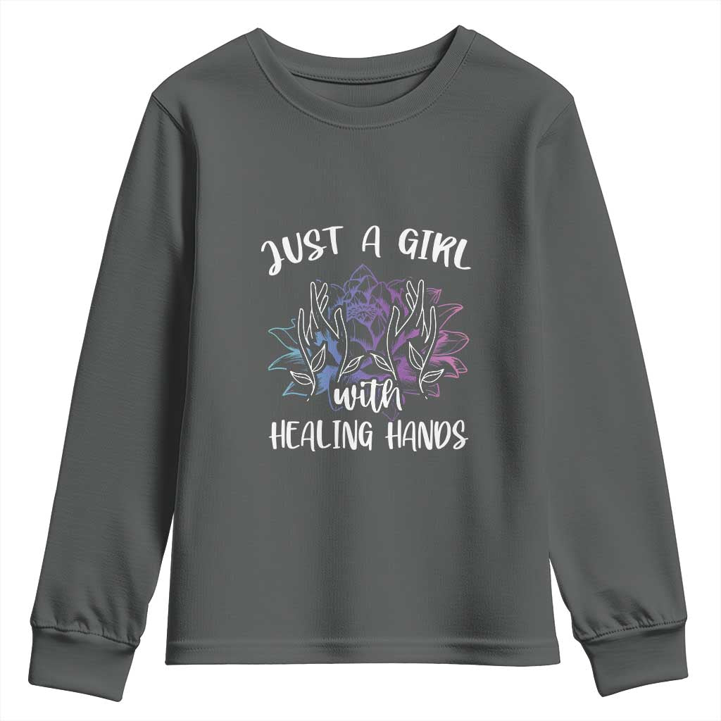 Masseuse Youth Sweatshirt Just a Girl with Healing Hands Massage Therapy TS09 Dark Heather Print Your Wear
