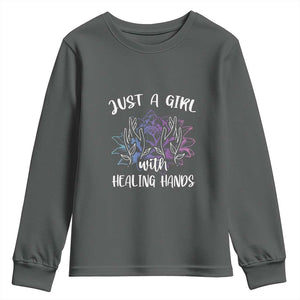 Masseuse Youth Sweatshirt Just a Girl with Healing Hands Massage Therapy TS09 Dark Heather Print Your Wear