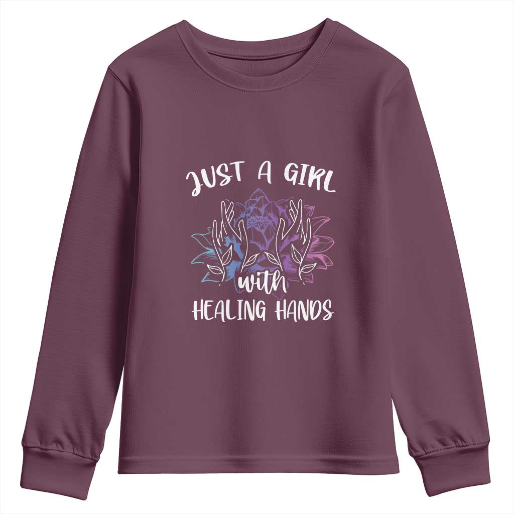 Masseuse Youth Sweatshirt Just a Girl with Healing Hands Massage Therapy TS09 Maroon Print Your Wear