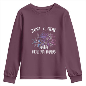 Masseuse Youth Sweatshirt Just a Girl with Healing Hands Massage Therapy TS09 Maroon Print Your Wear