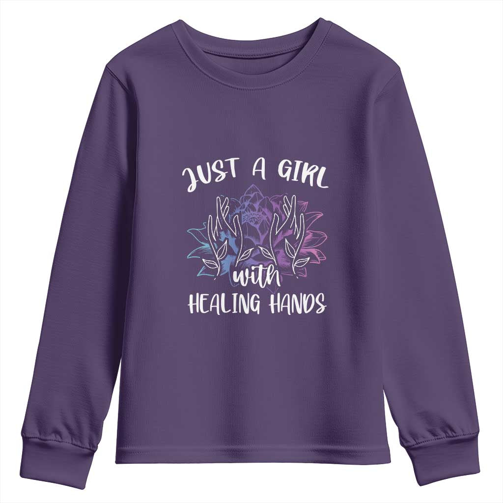 Masseuse Youth Sweatshirt Just a Girl with Healing Hands Massage Therapy TS09 Purple Print Your Wear