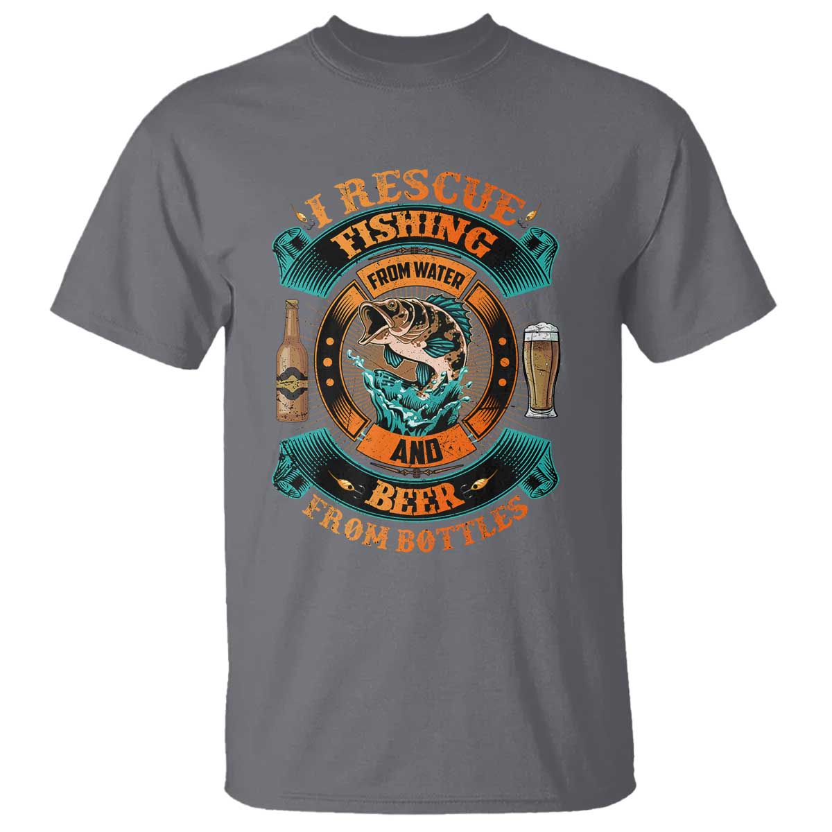 Funny Fishing Drinking T Shirt I Rescue Fish From Water And Beer From Bottles TS09 Charcoal Print Your Wear