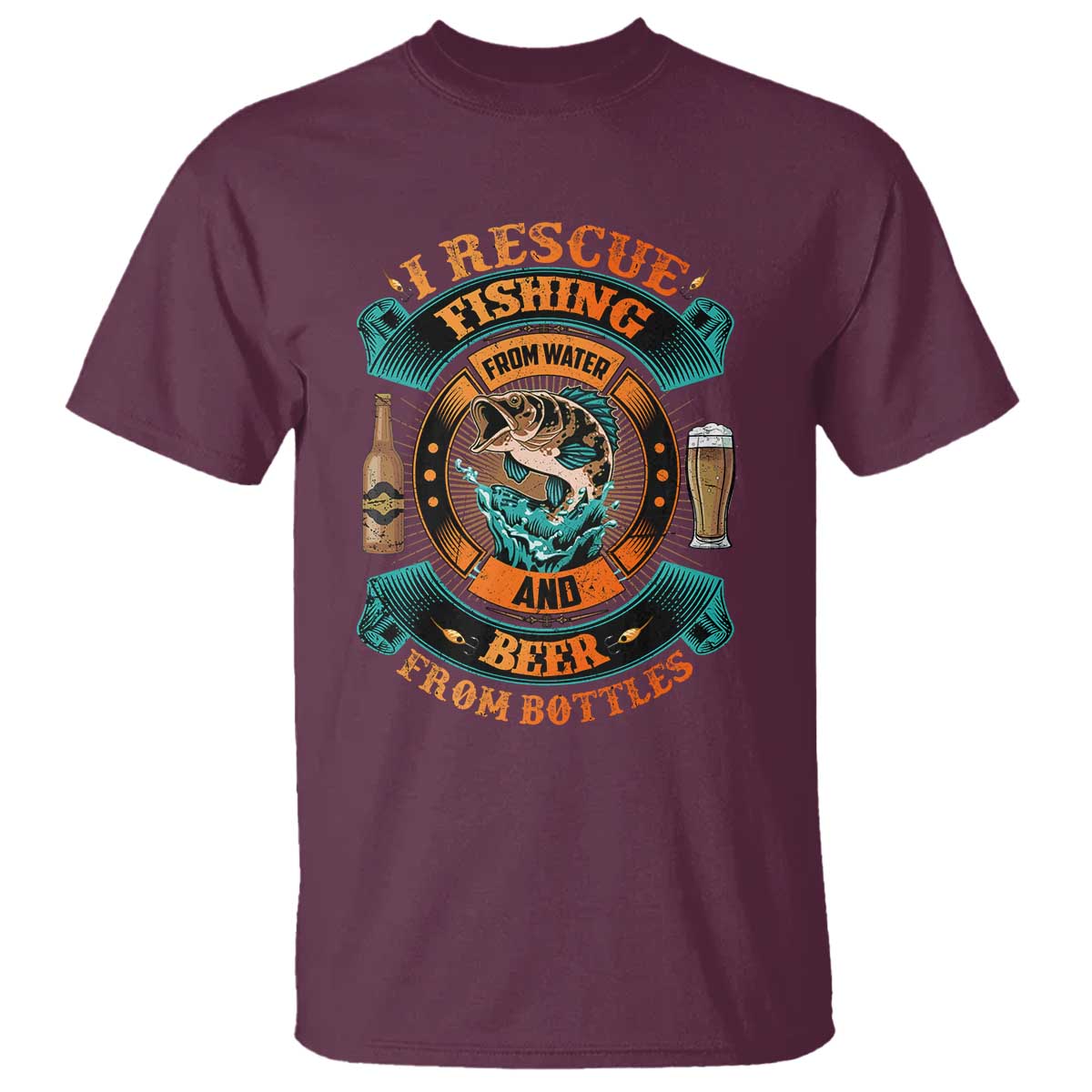 Funny Fishing Drinking T Shirt I Rescue Fish From Water And Beer From Bottles TS09 Maroon Print Your Wear