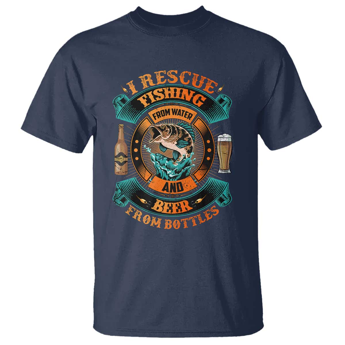 Funny Fishing Drinking T Shirt I Rescue Fish From Water And Beer From Bottles TS09 Navy Print Your Wear