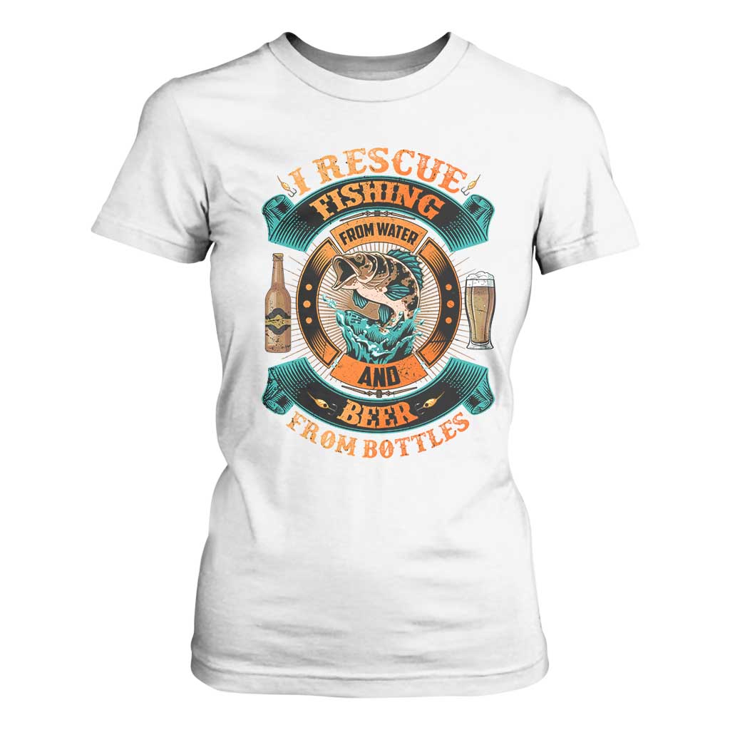 Funny Fishing Drinking T Shirt For Women I Rescue Fish From Water And Beer From Bottles TS09 White Print Your Wear