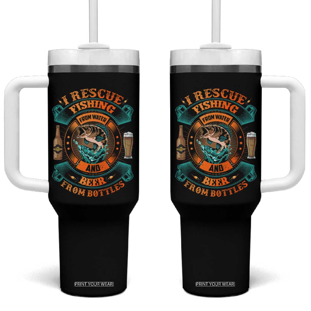Funny Fishing Drinking Tumbler With Handle I Rescue Fish From Water And Beer From Bottles TS09 One Size: 40 oz Black Print Your Wear