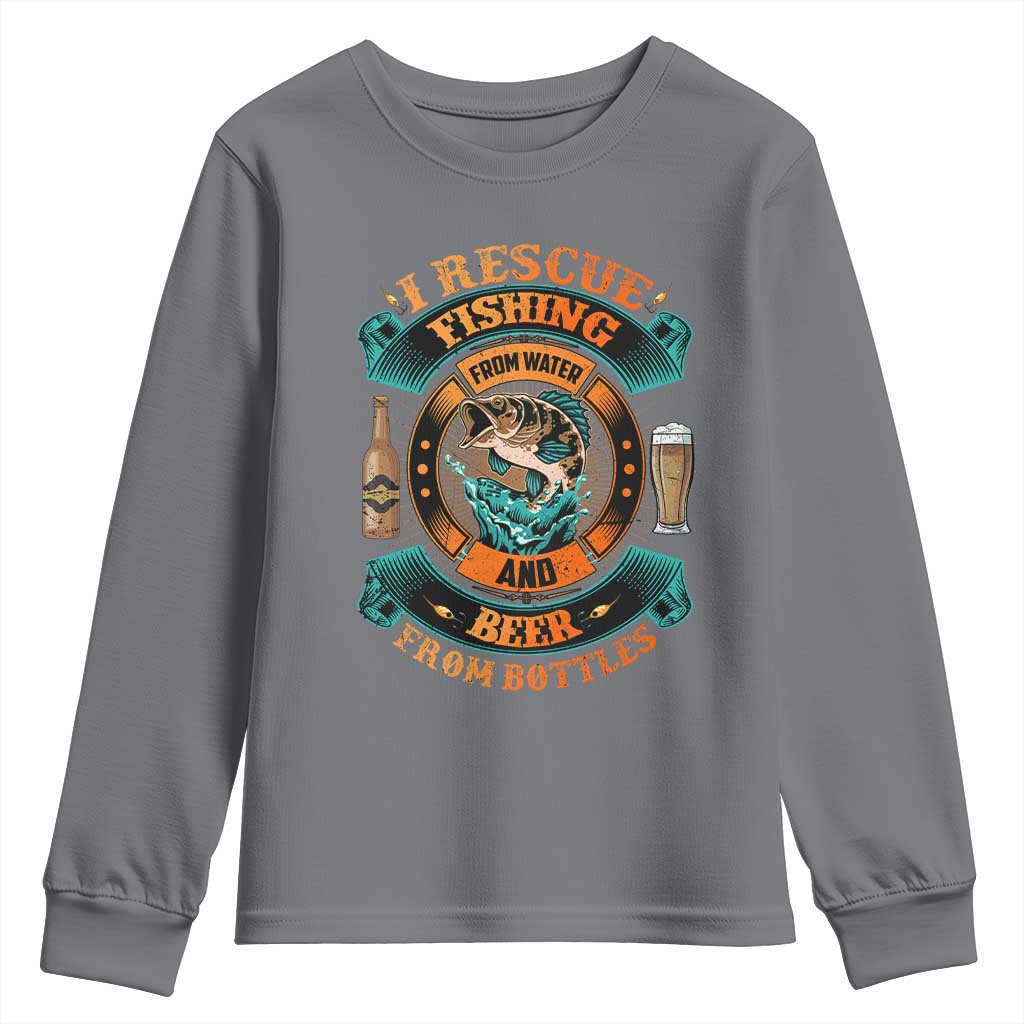 Funny Fishing Drinking Youth Sweatshirt I Rescue Fish From Water And Beer From Bottles TS09 Charcoal Print Your Wear