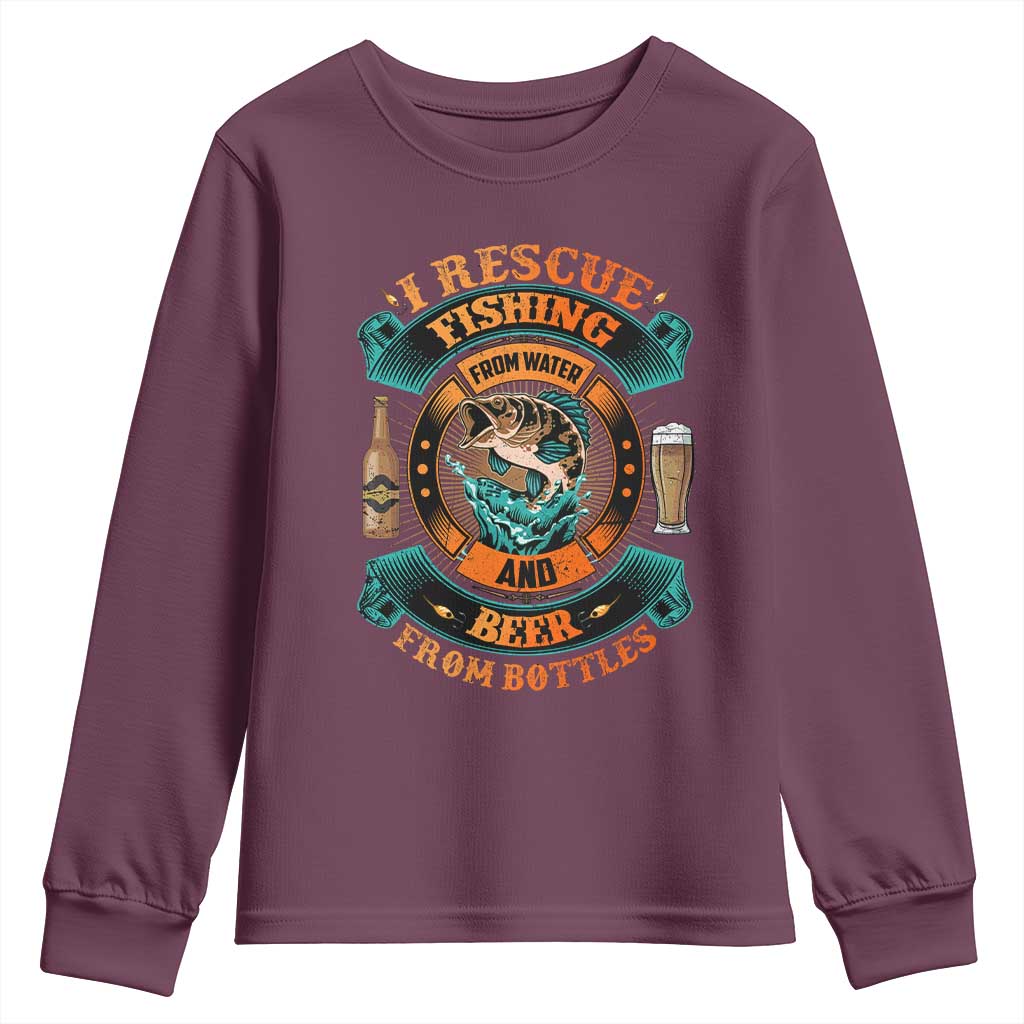 Funny Fishing Drinking Youth Sweatshirt I Rescue Fish From Water And Beer From Bottles TS09 Maroon Print Your Wear