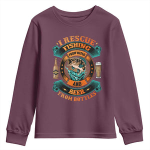 Funny Fishing Drinking Youth Sweatshirt I Rescue Fish From Water And Beer From Bottles TS09 Maroon Print Your Wear