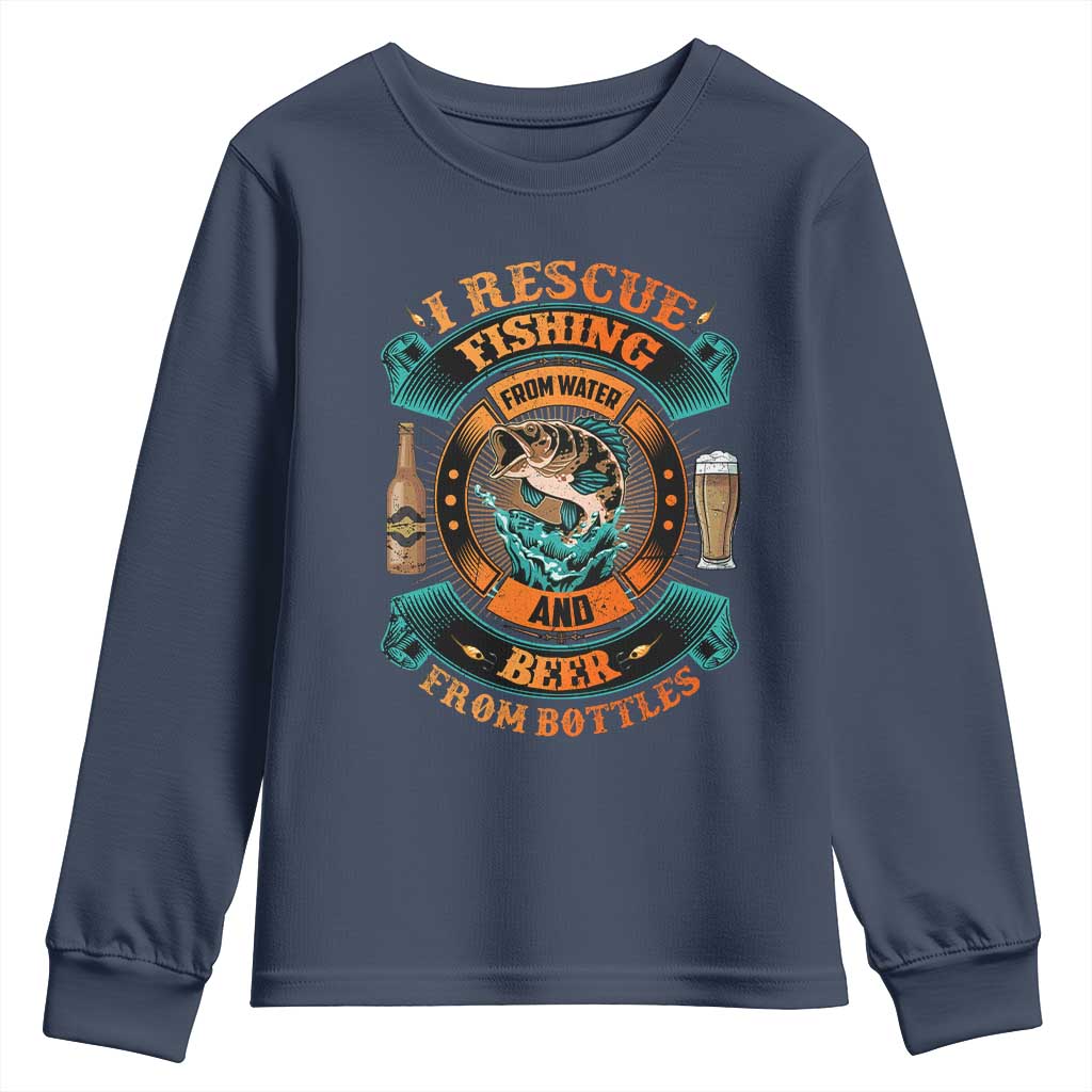 Funny Fishing Drinking Youth Sweatshirt I Rescue Fish From Water And Beer From Bottles TS09 Navy Print Your Wear