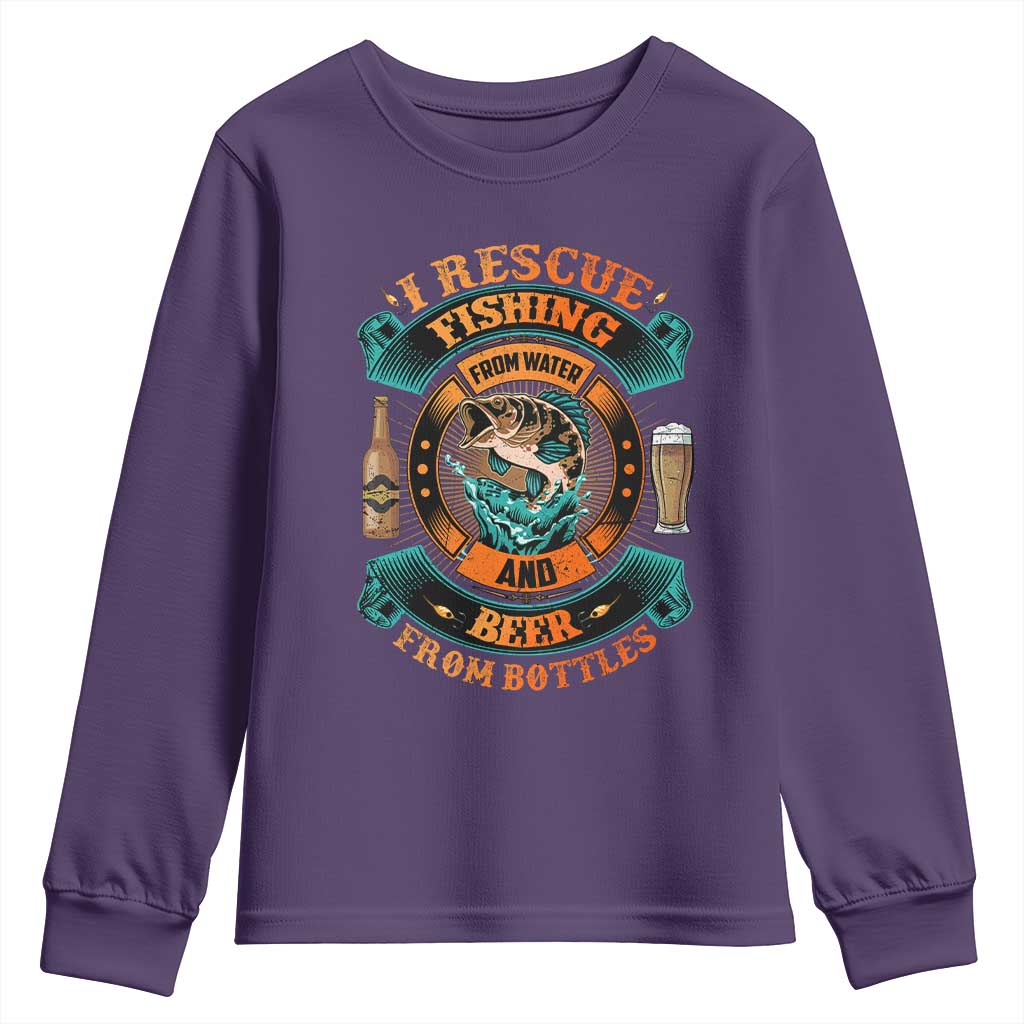 Funny Fishing Drinking Youth Sweatshirt I Rescue Fish From Water And Beer From Bottles TS09 Purple Print Your Wear