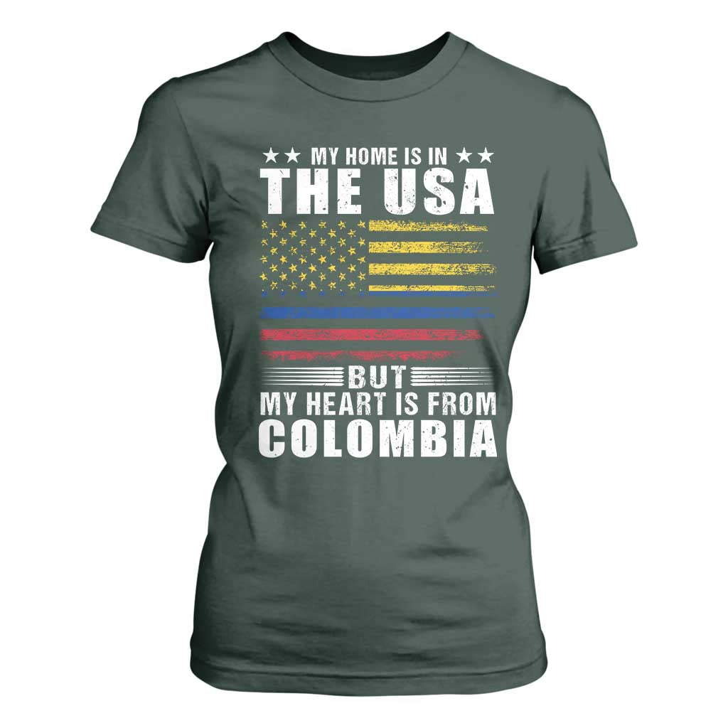 Colombian American T Shirt For Women My Home Is In The USA But My Heart Is From Colombia TS09 Dark Forest Green Print Your Wear