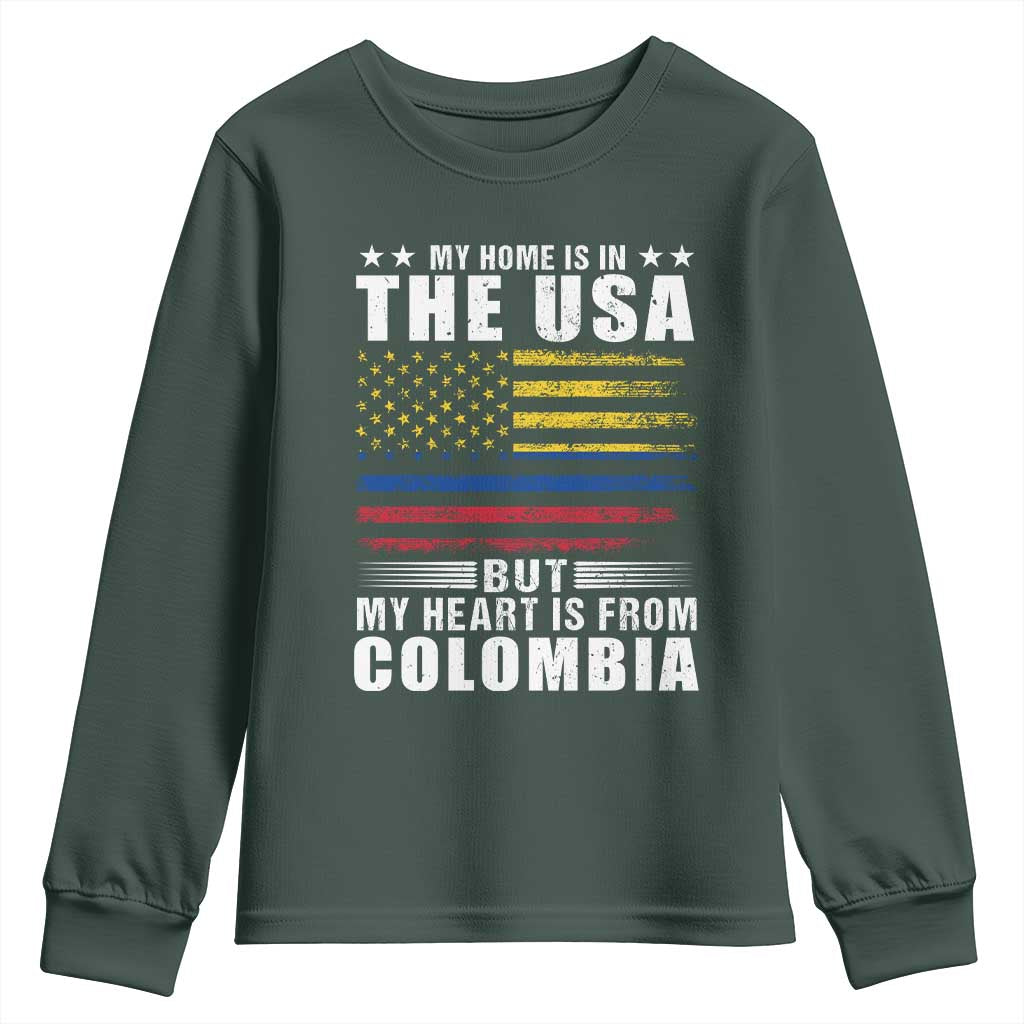 Colombian American Youth Sweatshirt My Home Is In The USA But My Heart Is From Colombia TS09 Dark Forest Green Print Your Wear
