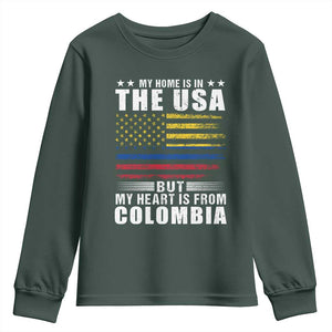 Colombian American Youth Sweatshirt My Home Is In The USA But My Heart Is From Colombia TS09 Dark Forest Green Print Your Wear
