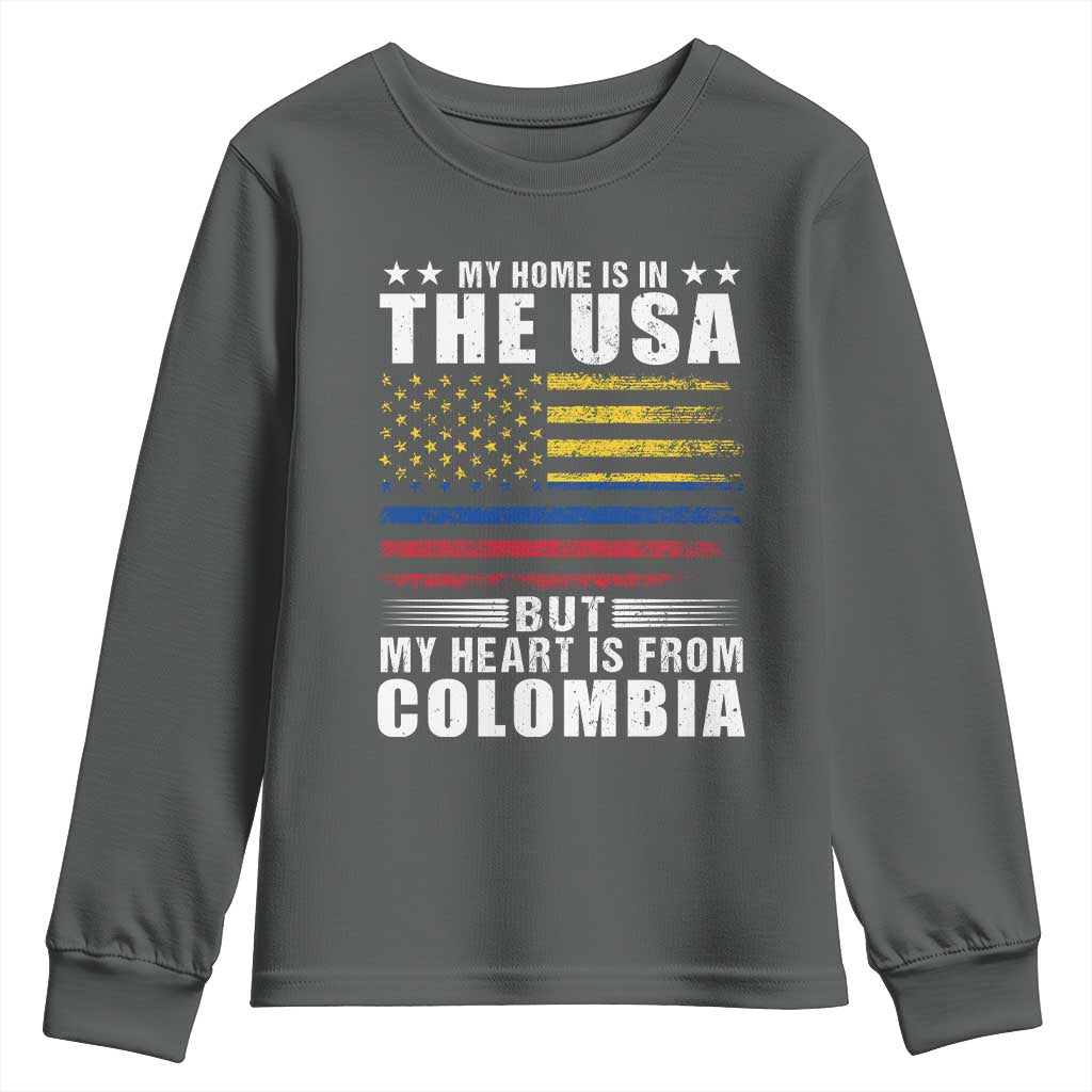 Colombian American Youth Sweatshirt My Home Is In The USA But My Heart Is From Colombia TS09 Dark Heather Print Your Wear