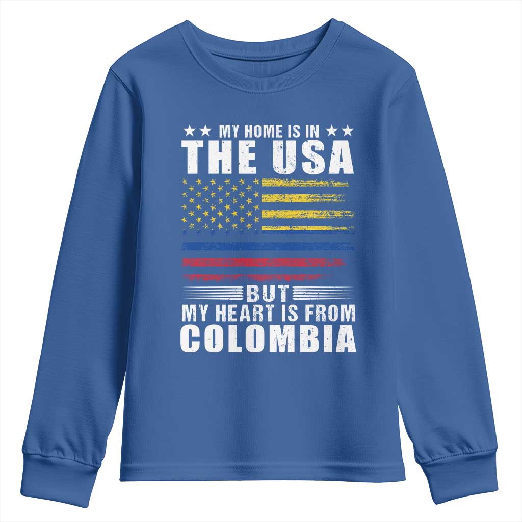 Colombian American Youth Sweatshirt My Home Is In The USA But My Heart Is From Colombia TS09 Royal Blue Print Your Wear