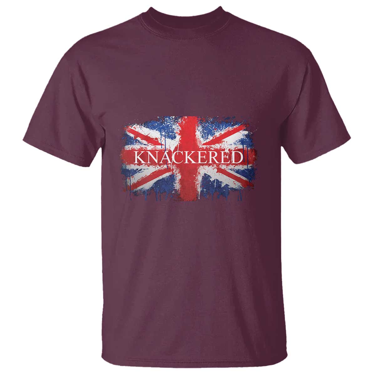 Funny Knackered The UK Flag British T Shirt TS09 Maroon Print Your Wear