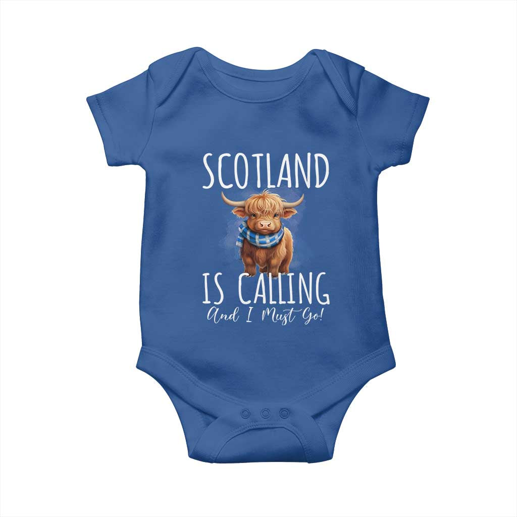 Scotland is Calling and I must Go Highland Cow Baby Onesie TS09 Royal Blue Print Your Wear