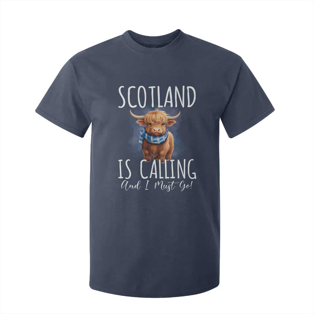 Scotland is Calling and I must Go Highland Cow T Shirt For Kid TS09 Navy Print Your Wear