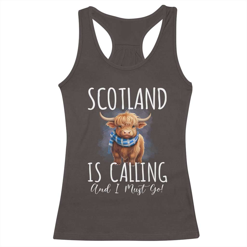 Scotland is Calling and I must Go Highland Cow Racerback Tank Top TS09 Dark Chocolate Print Your Wear