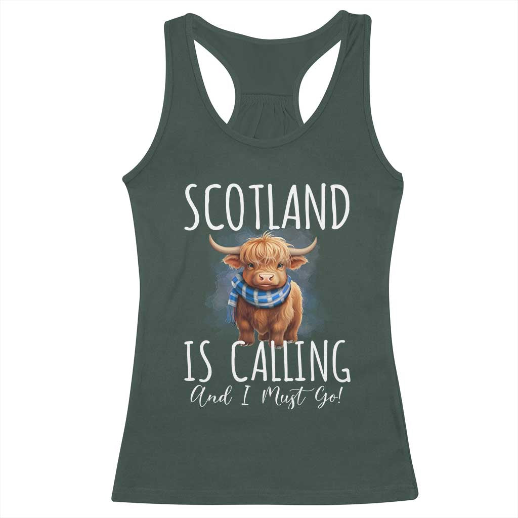 Scotland is Calling and I must Go Highland Cow Racerback Tank Top TS09 Dark Forest Green Print Your Wear