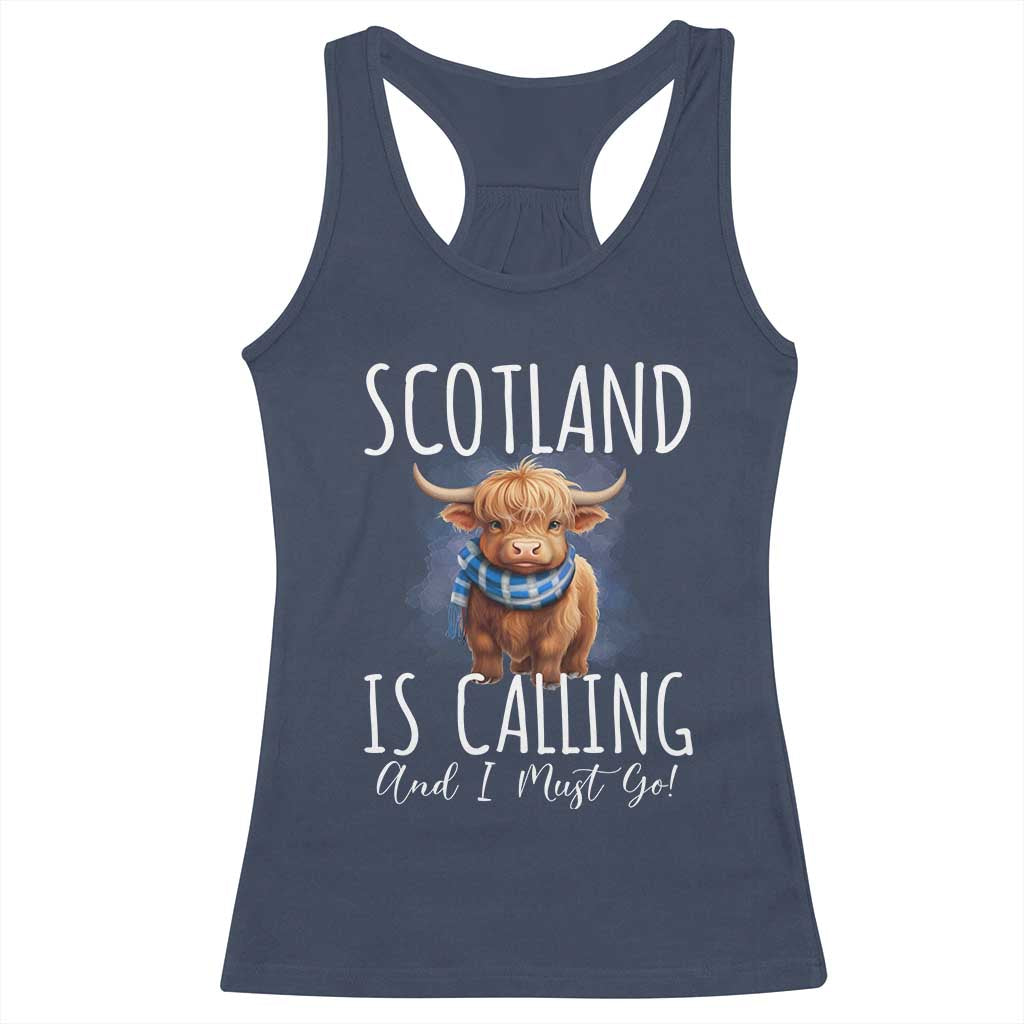 Scotland is Calling and I must Go Highland Cow Racerback Tank Top TS09 Navy Print Your Wear