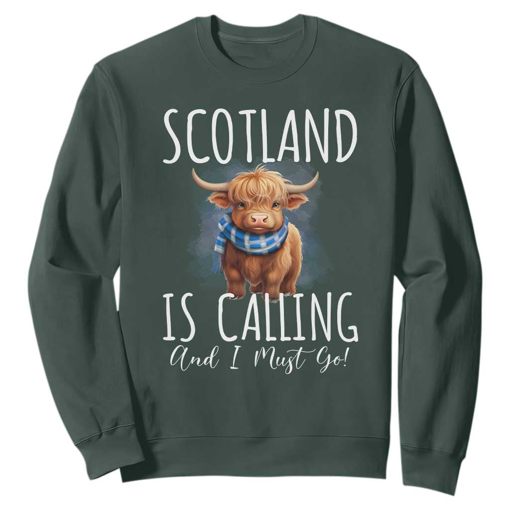 Scotland is Calling and I must Go Highland Cow Sweatshirt TS09 Dark Forest Green Print Your Wear